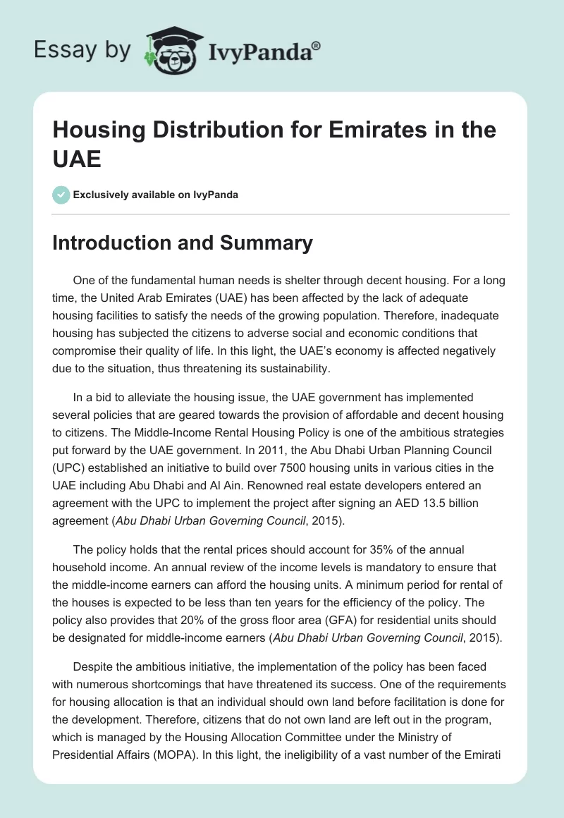 Housing Distribution for Emirates in the UAE. Page 1