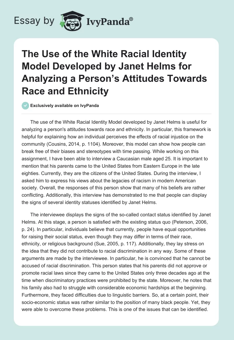 The Use of the White Racial Identity Model Developed by Janet Helms for Analyzing a Person’s Attitudes Towards Race and Ethnicity. Page 1