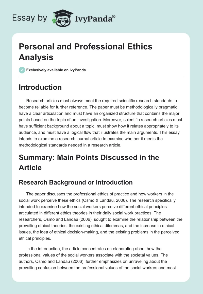 Personal and Professional Ethics Analysis. Page 1