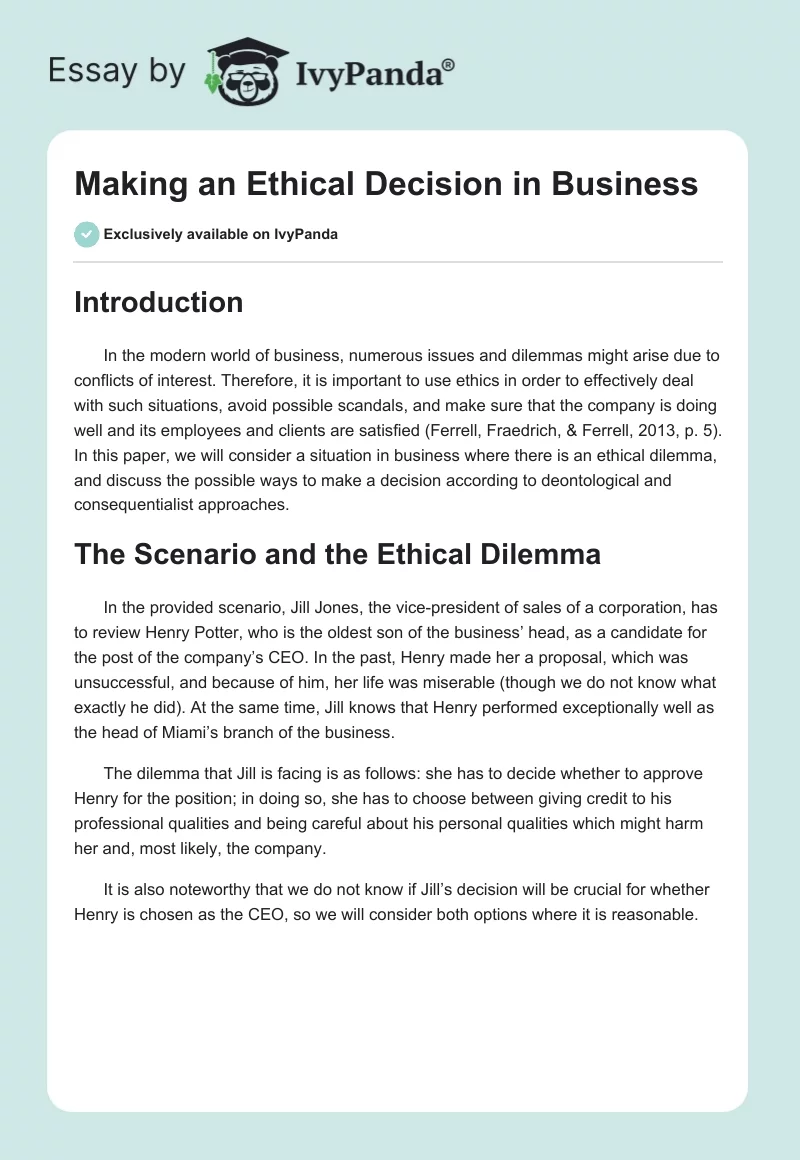 Making an Ethical Decision in Business. Page 1