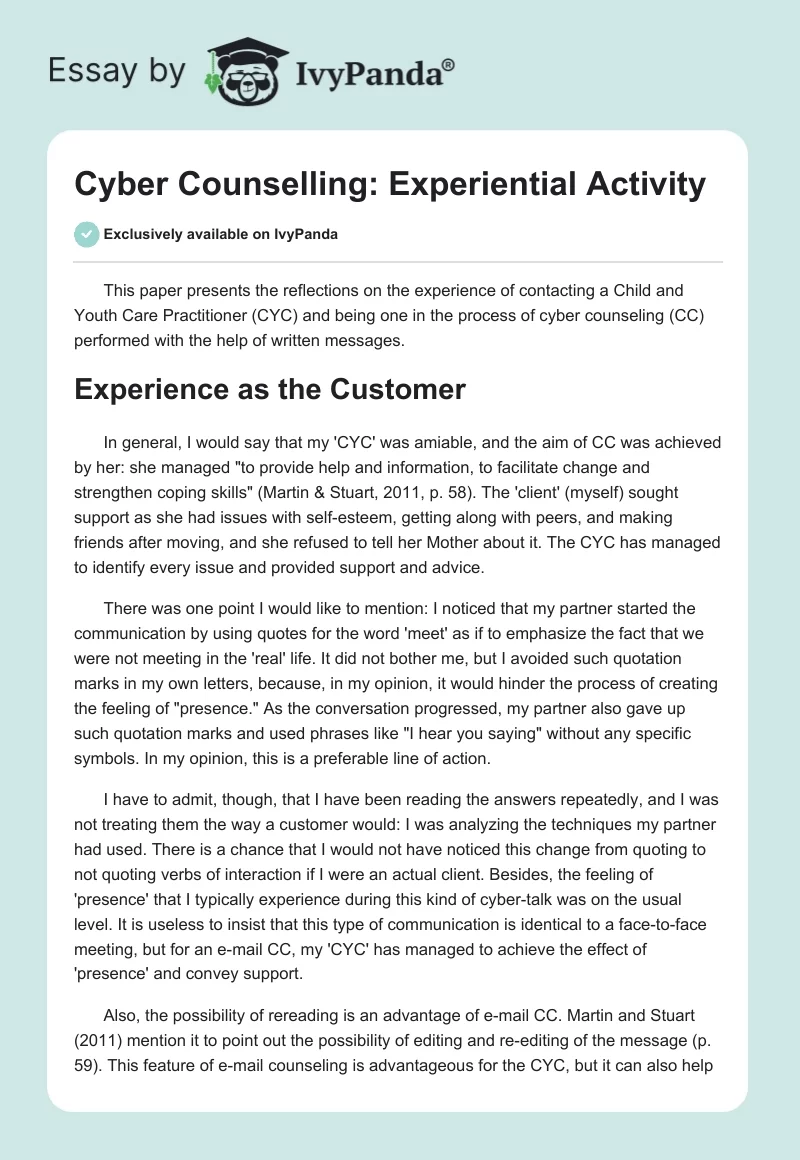 Cyber Counselling: Experiential Activity. Page 1