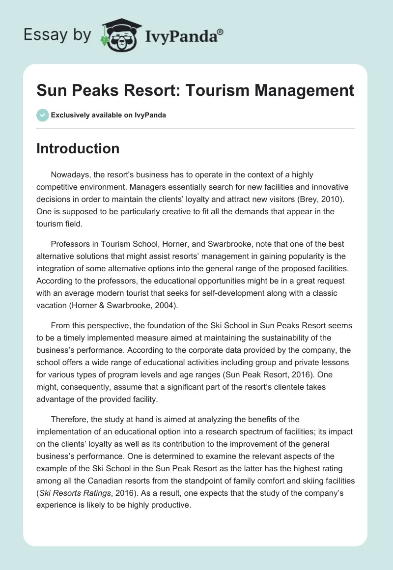 Sun Peaks Resort: Tourism Management. Page 1