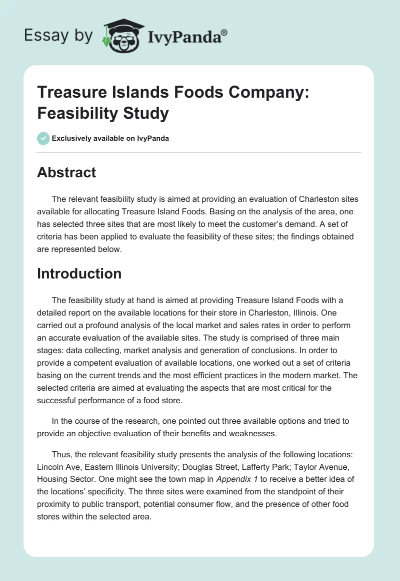 Treasure Islands Foods Company: Feasibility Study. Page 1
