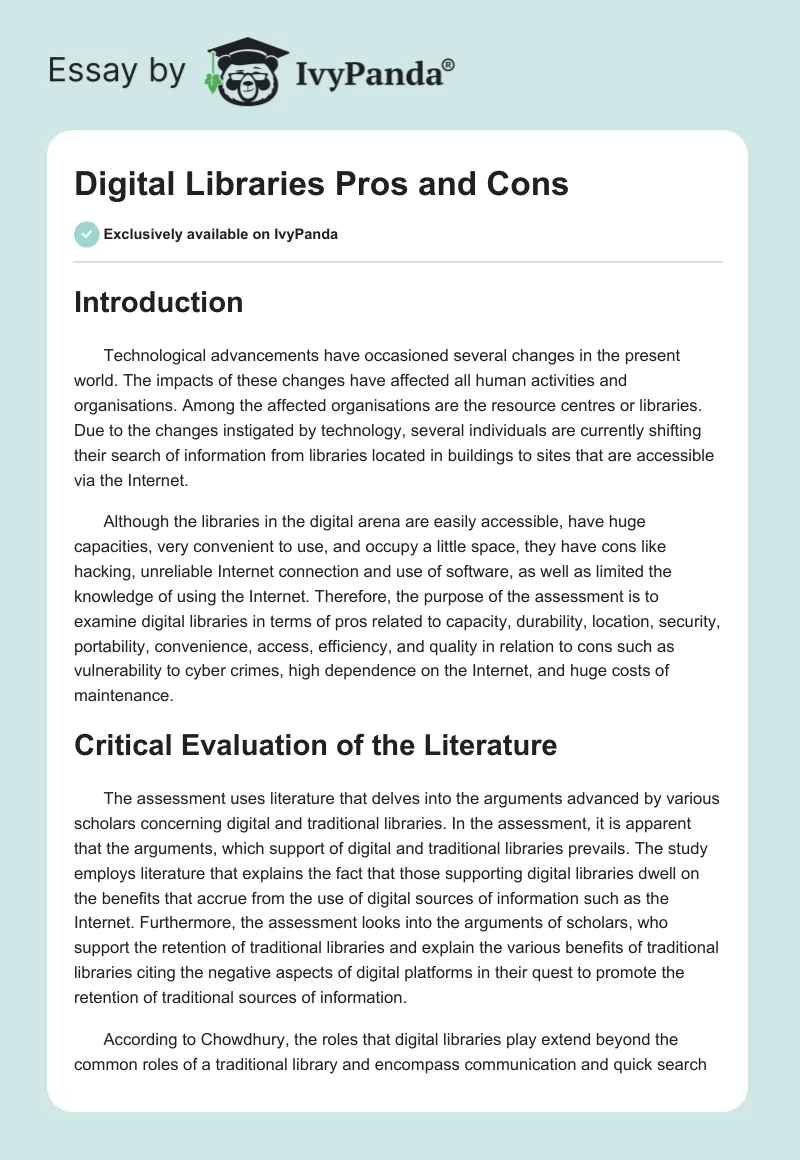 Digital Libraries Pros and Cons. Page 1