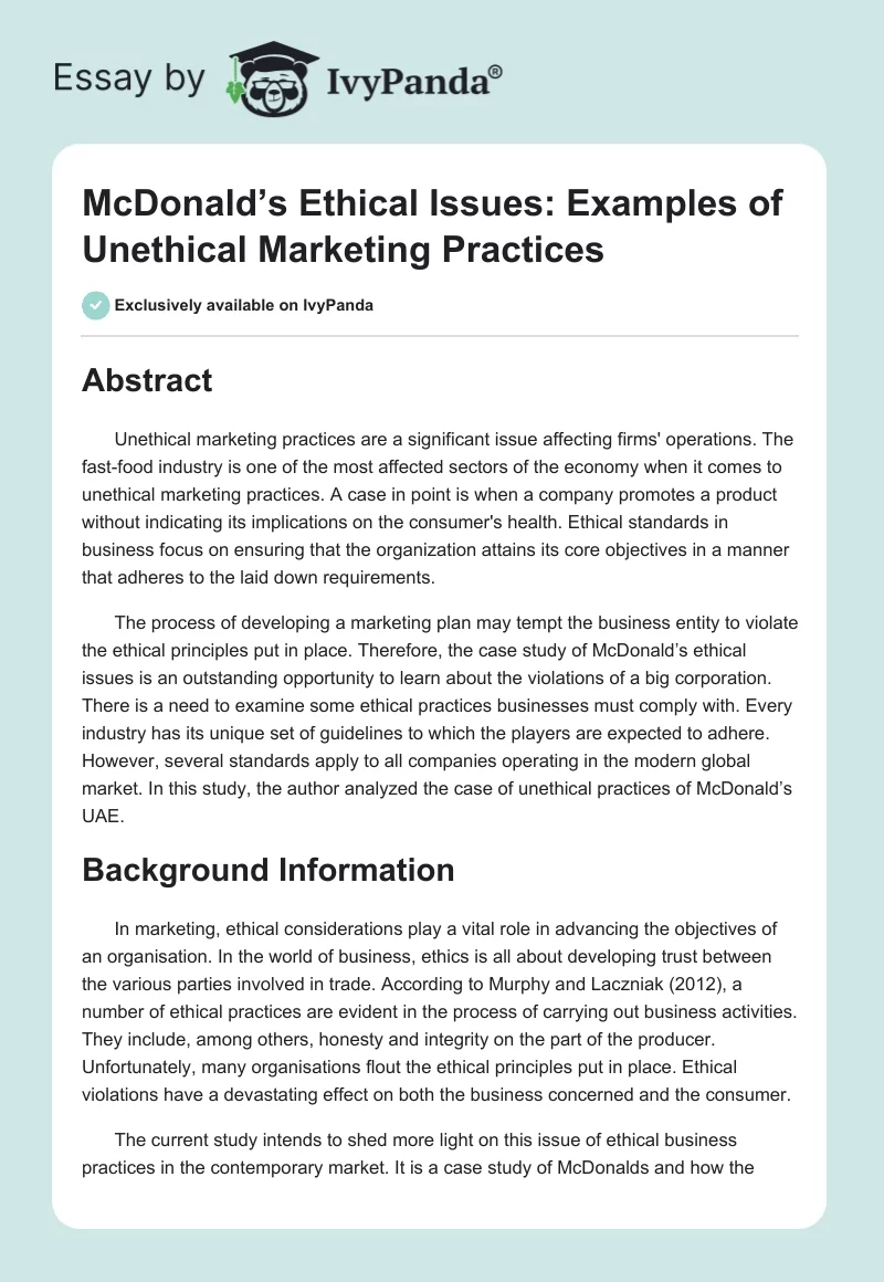 McDonald’s Ethical Issues: Examples of Unethical Marketing Practices. Page 1