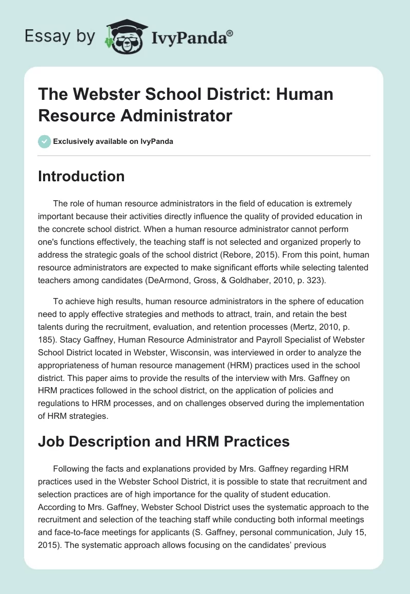 The Webster School District: Human Resource Administrator. Page 1
