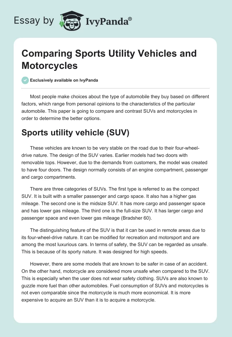 Comparing Sports Utility Vehicles and Motorcycles. Page 1