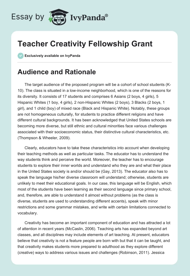 Teacher Creativity Fellowship Grant. Page 1