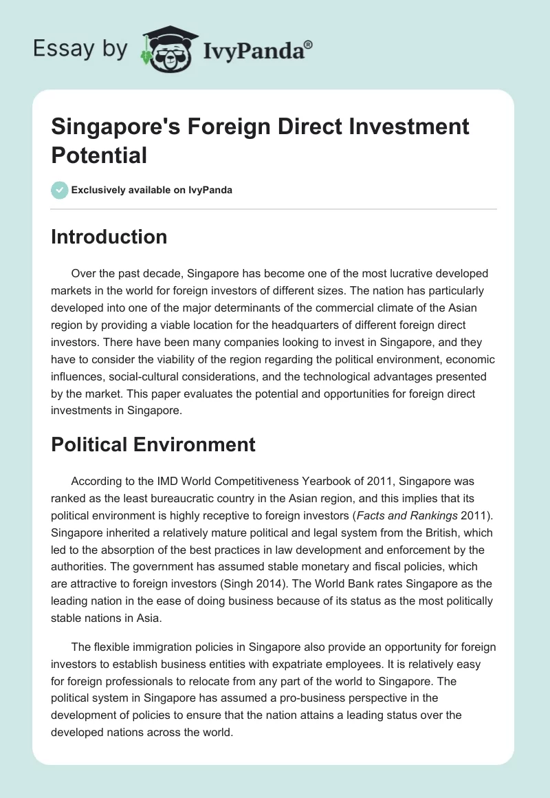 Singapore's Foreign Direct Investment Potential. Page 1