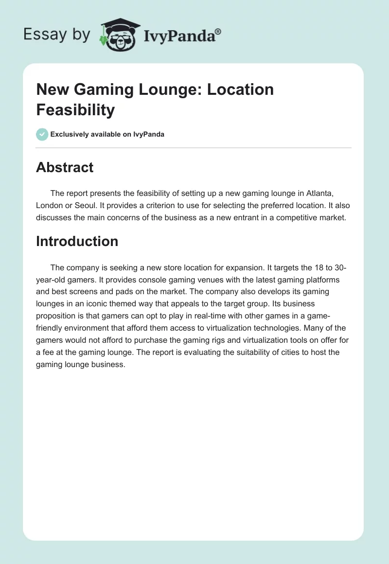 New Gaming Lounge: Location Feasibility. Page 1