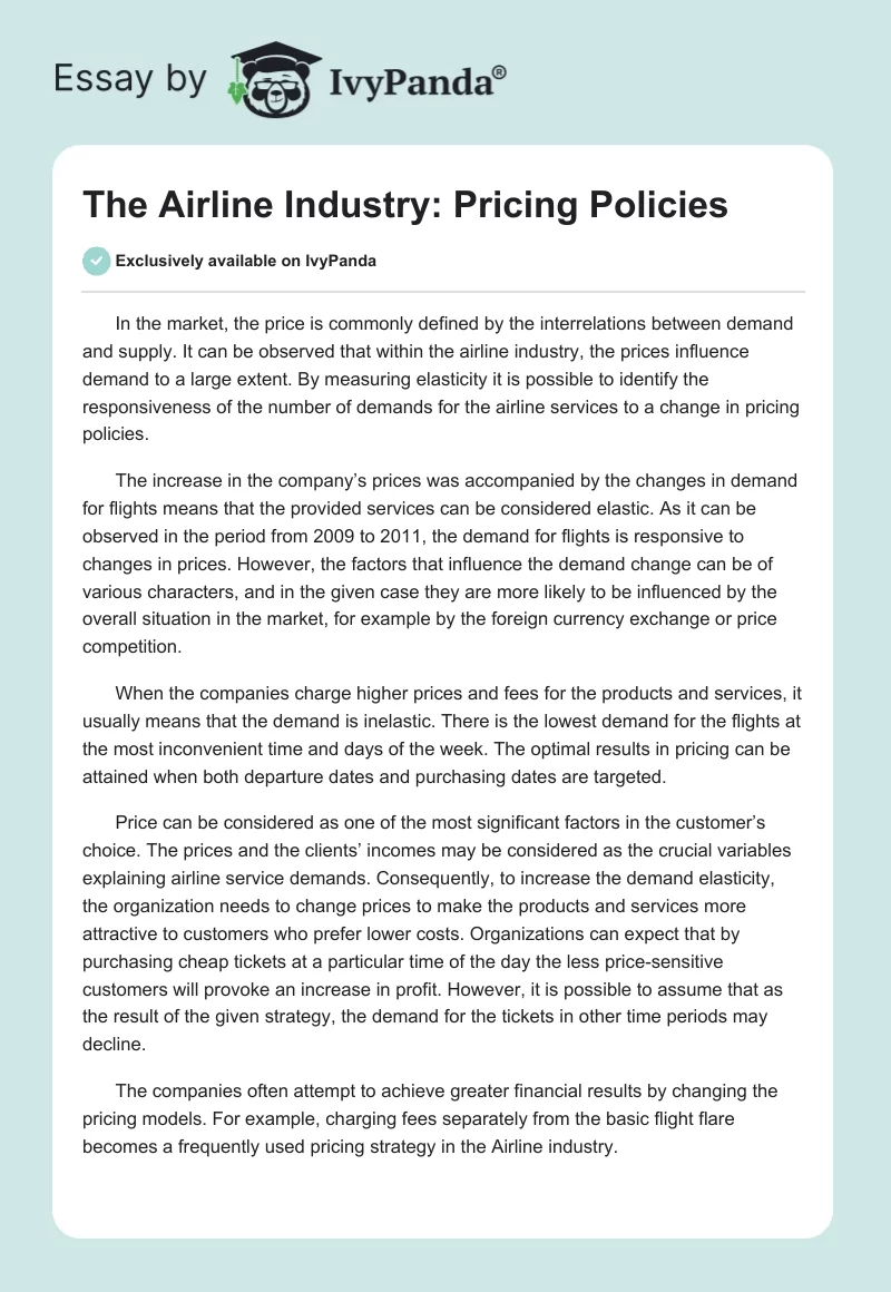 The Airline Industry: Pricing Policies. Page 1