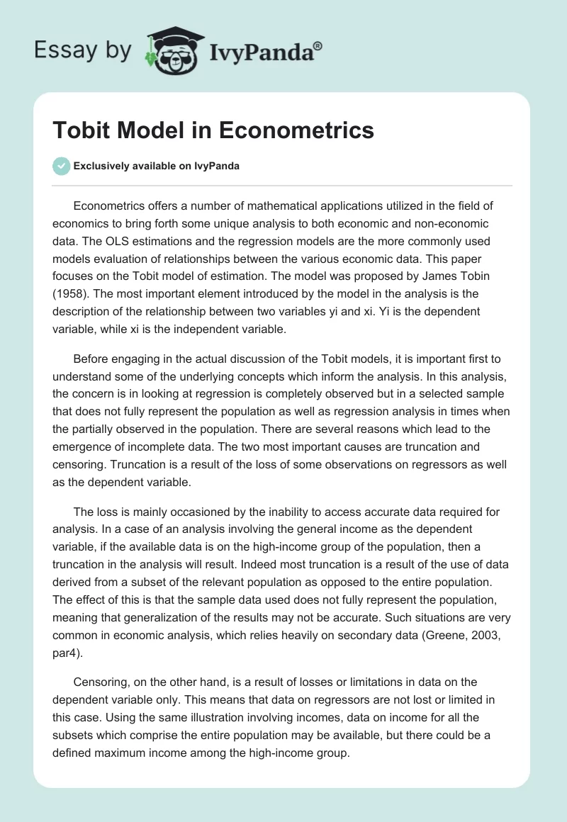 Tobit Model in Econometrics. Page 1