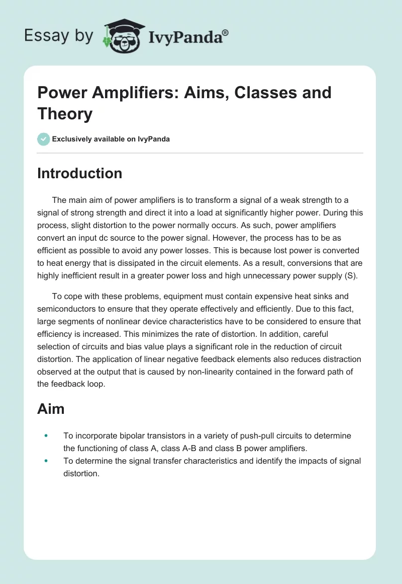 Power Amplifiers: Aims, Classes and Theory. Page 1