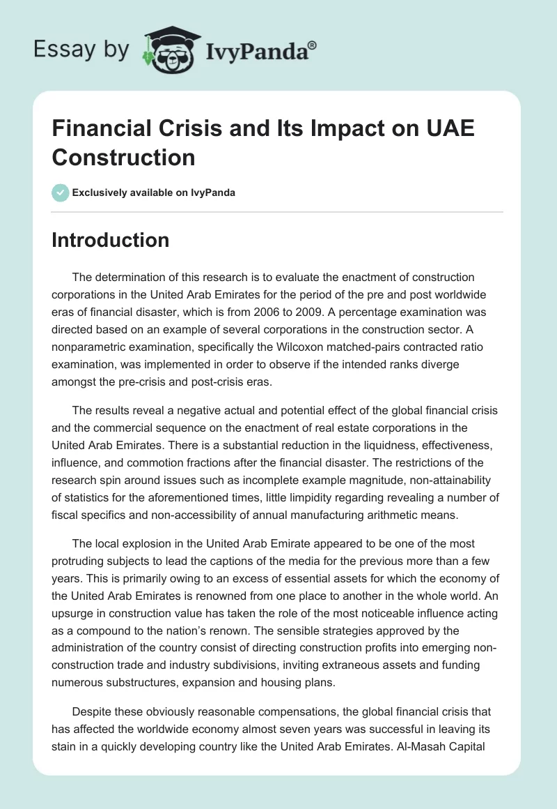 Financial Crisis and Its Impact on UAE Construction. Page 1