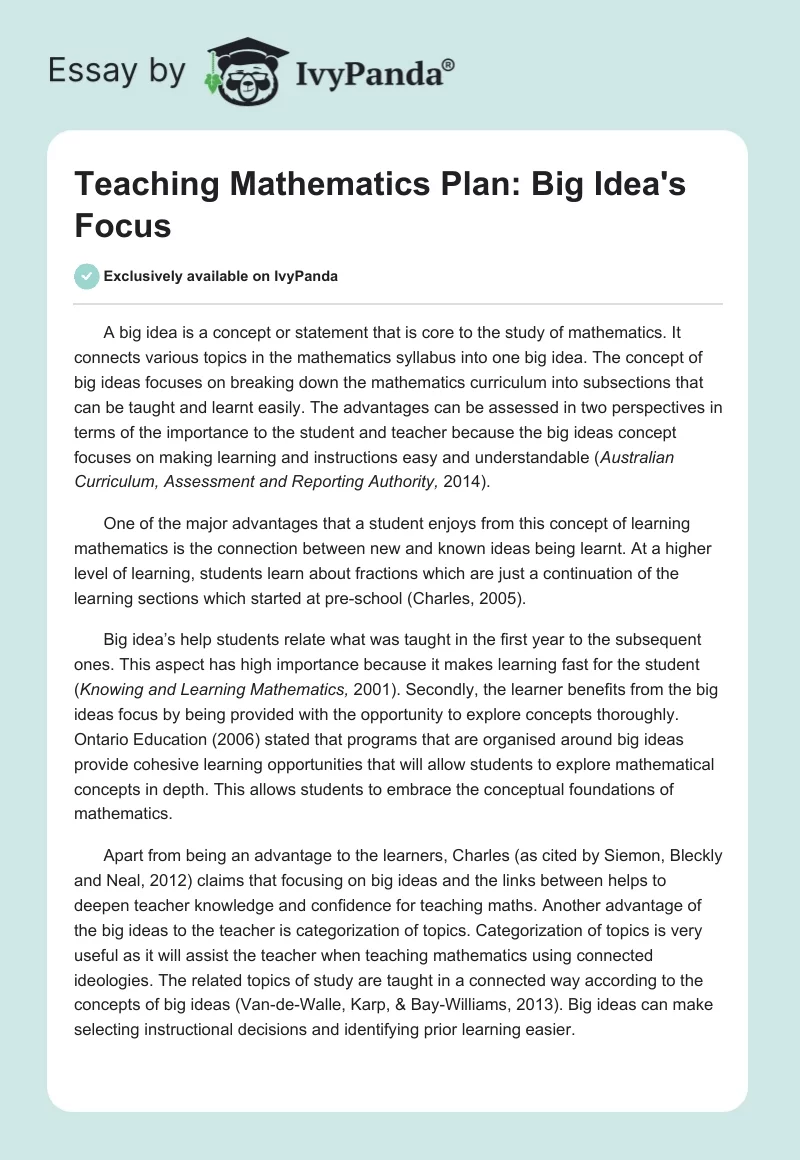 Teaching Mathematics Plan: Big Idea's Focus. Page 1