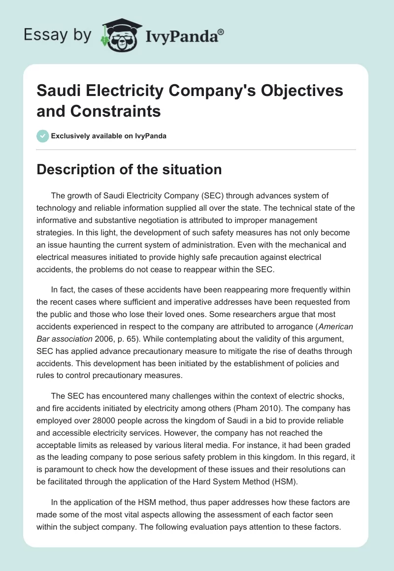 Saudi Electricity Company's Objectives and Constraints. Page 1