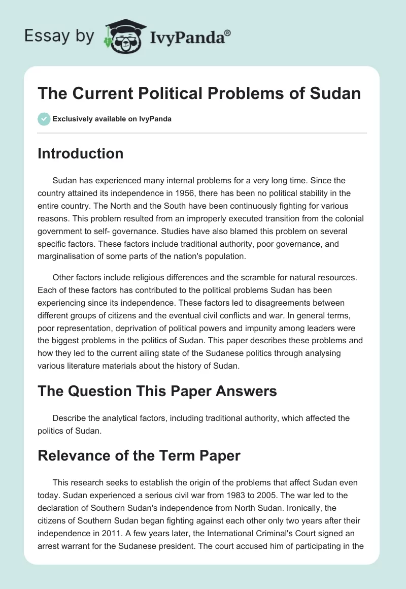The Current Political Problems of Sudan. Page 1