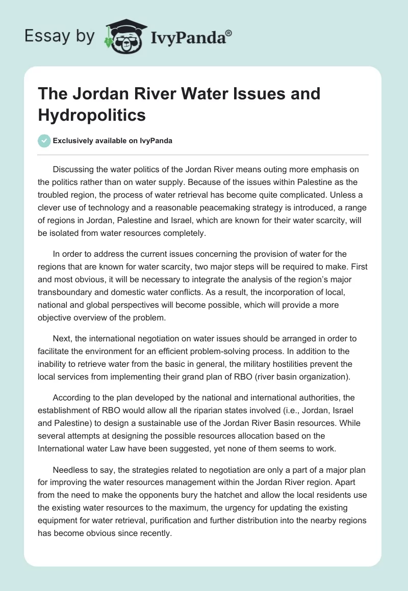 The Jordan River Water Issues and Hydropolitics. Page 1