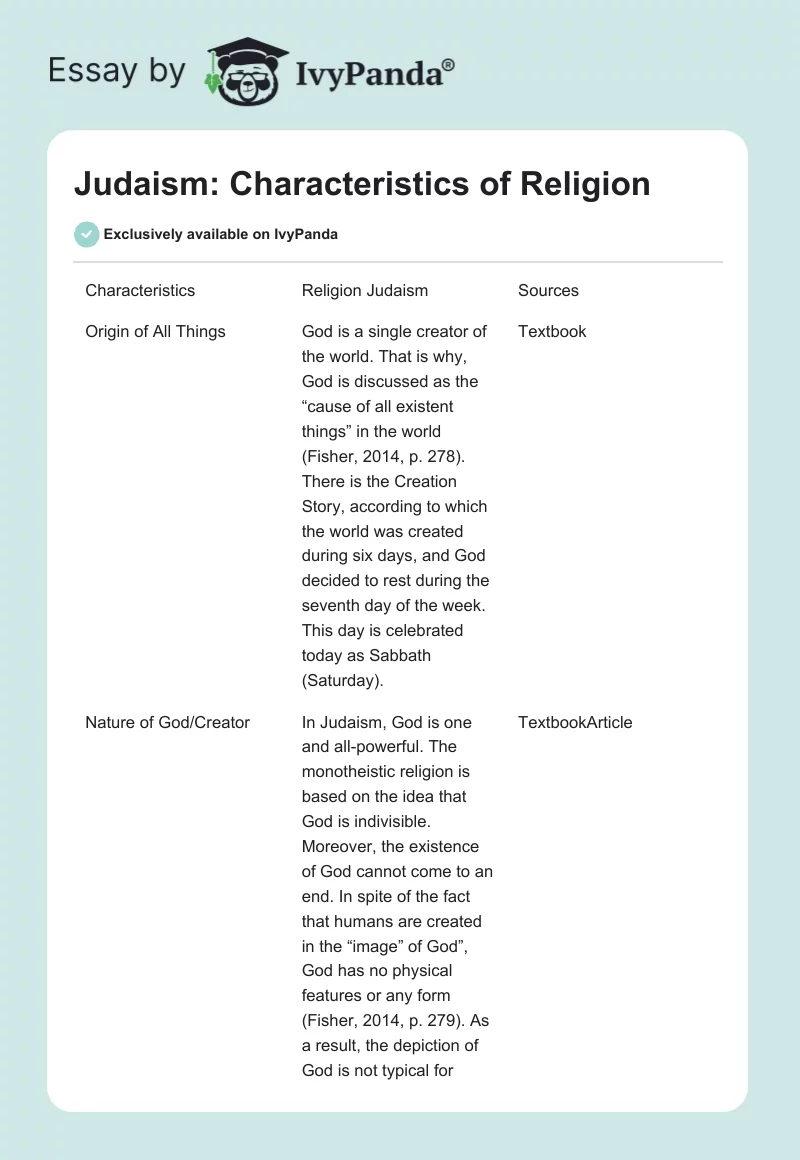 Judaism: Characteristics of Religion. Page 1