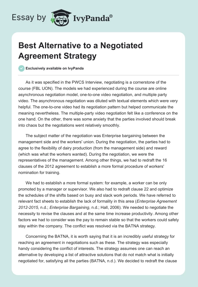 Best Alternative to a Negotiated Agreement Strategy. Page 1