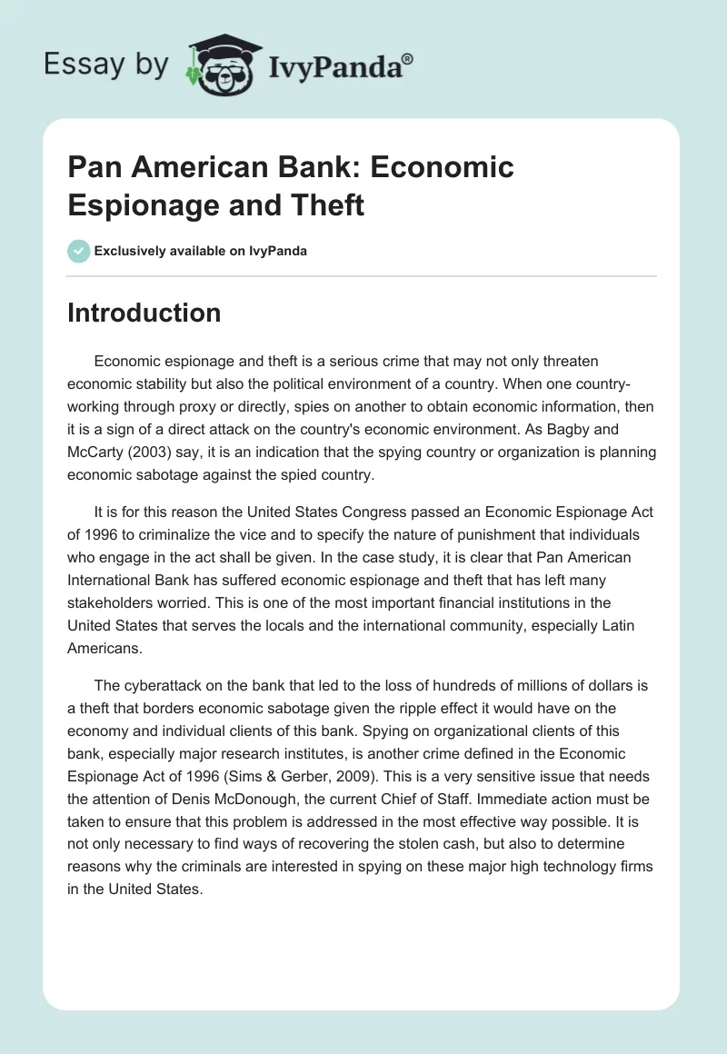 Pan American Bank: Economic Espionage and Theft. Page 1