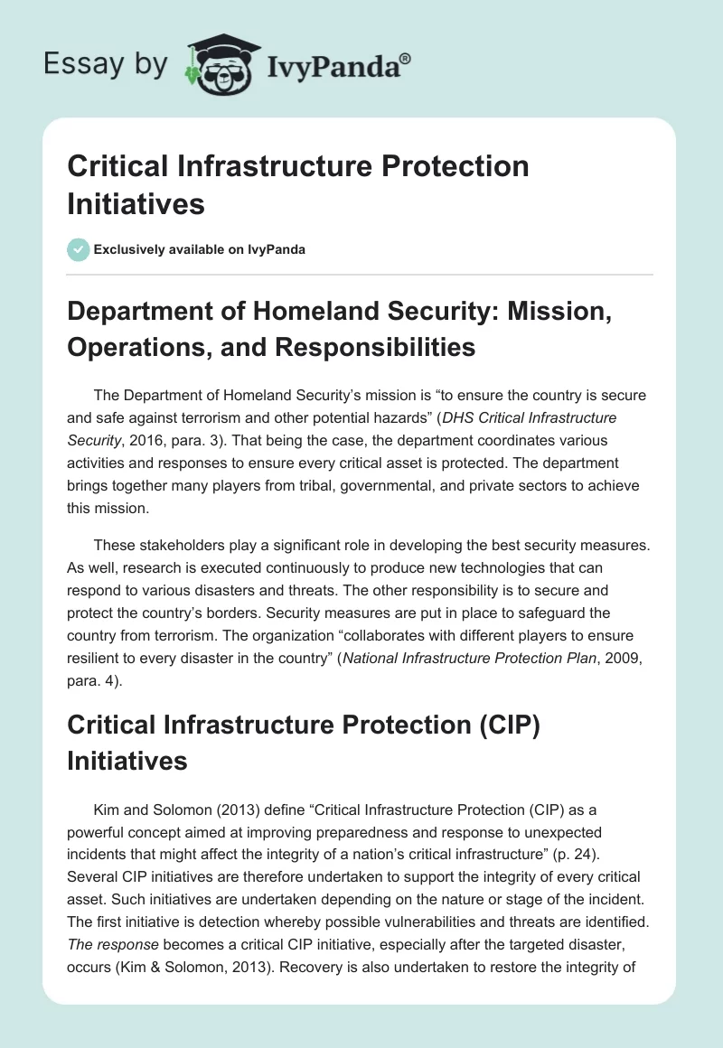 Critical Infrastructure Protection Initiatives. Page 1