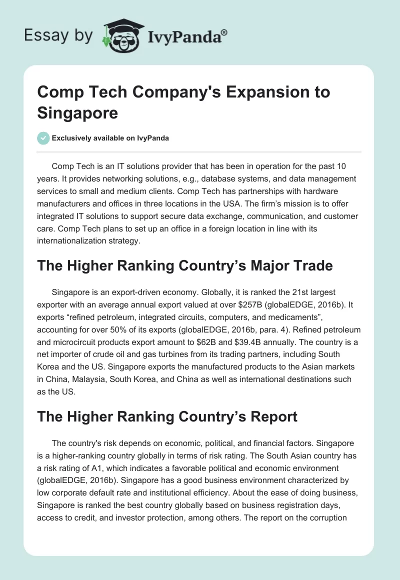 Comp Tech Company's Expansion to Singapore. Page 1