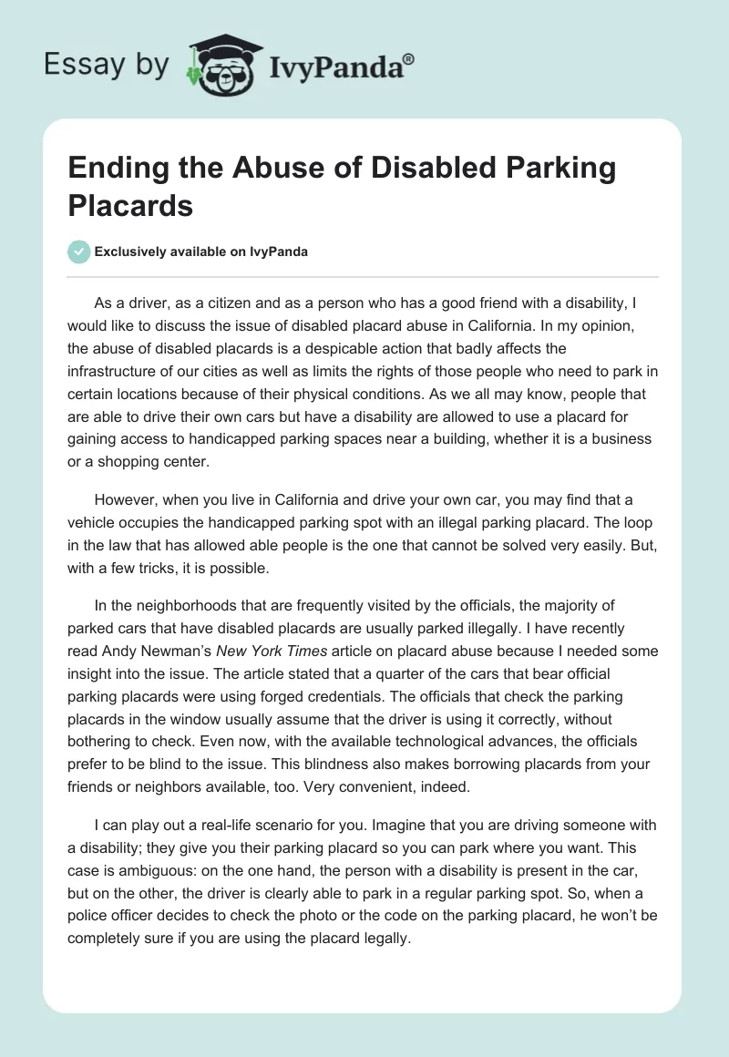 Ending the Abuse of Disabled Parking Placards. Page 1
