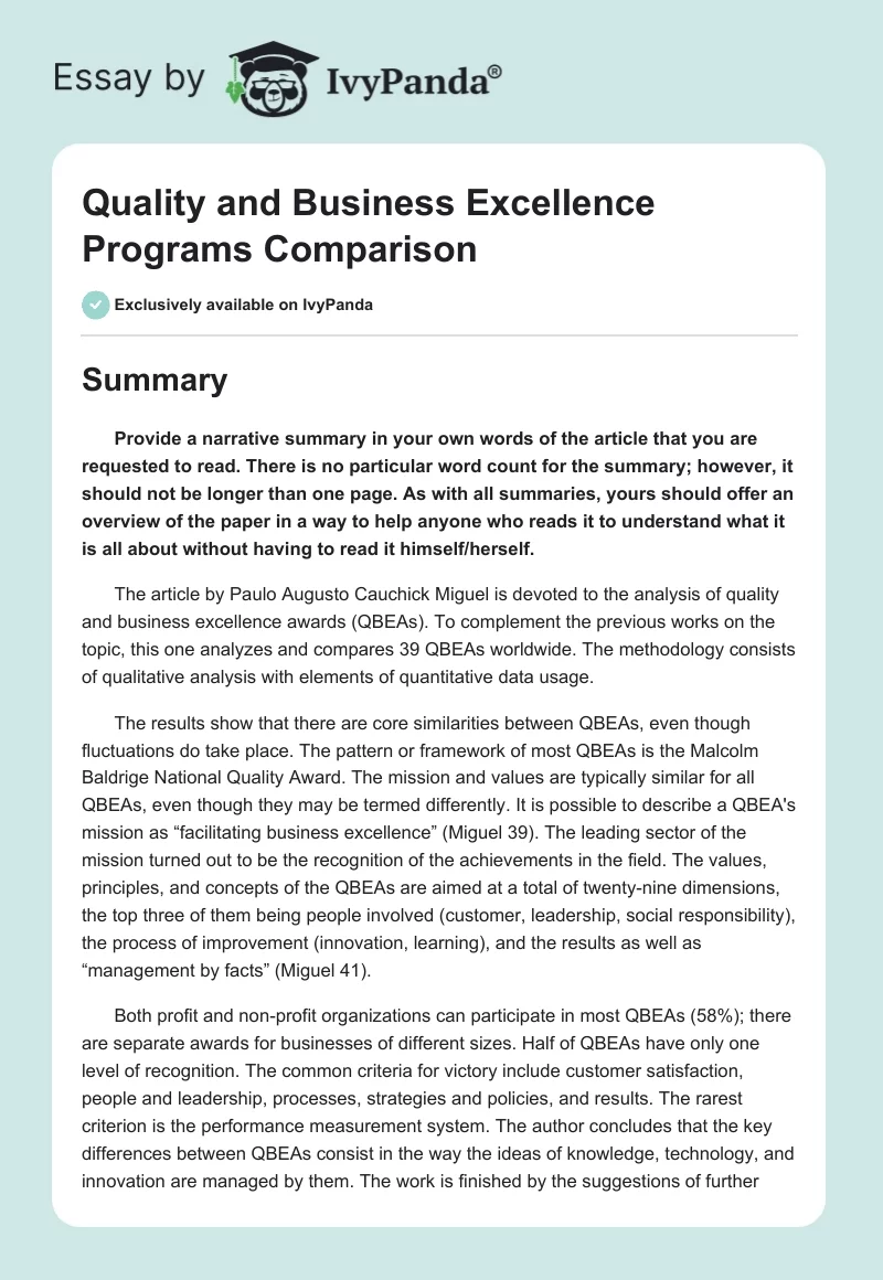 Quality and Business Excellence Programs Comparison. Page 1