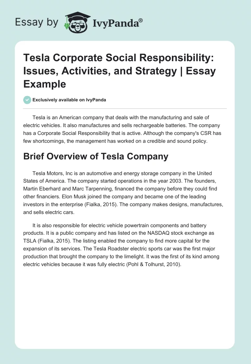 Tesla Corporate Social Responsibility: Issues, Activities, and Strategy | Essay Example. Page 1