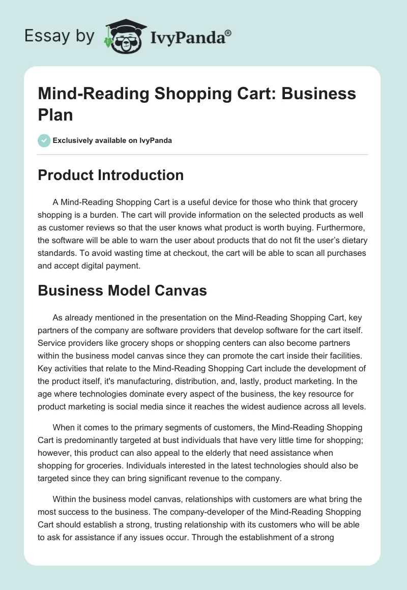 Mind-Reading Shopping Cart: Business Plan. Page 1