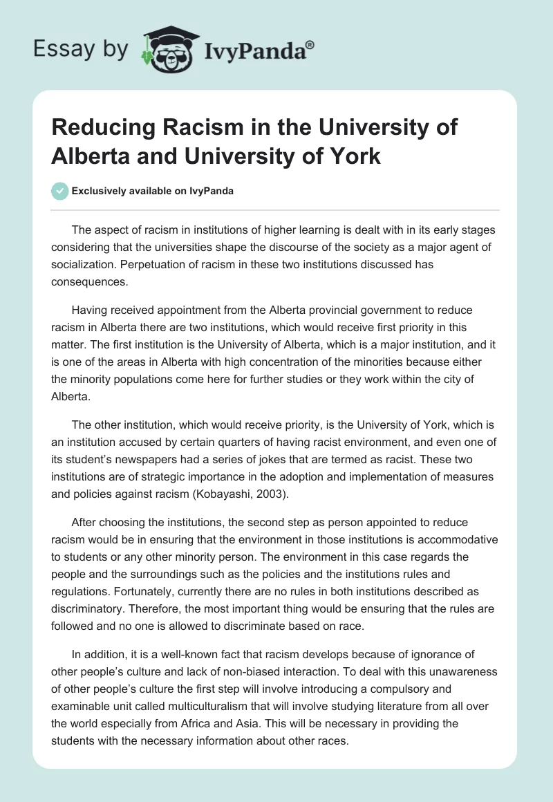 Reducing Racism in the University of Alberta and University of York. Page 1