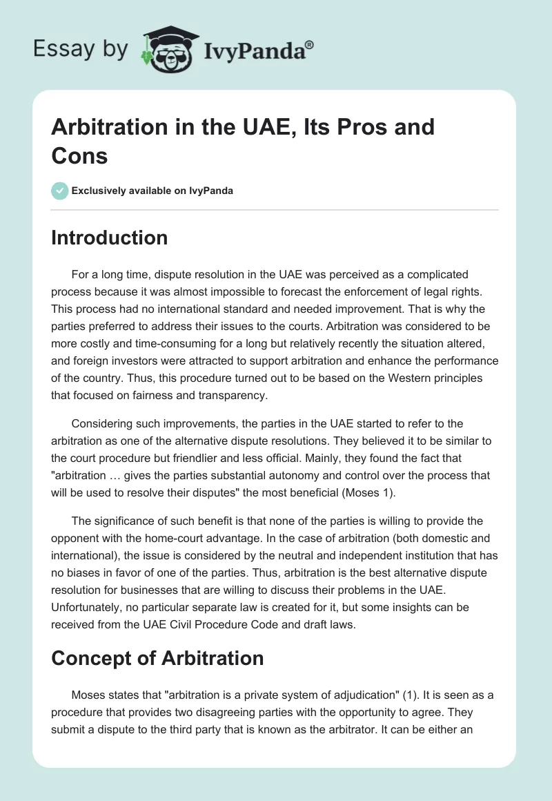 Arbitration in the UAE, Its Pros and Cons. Page 1
