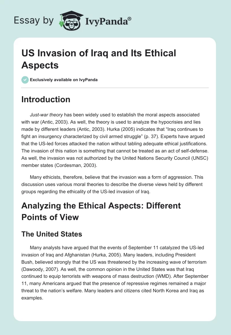 US Invasion of Iraq and Its Ethical Aspects. Page 1