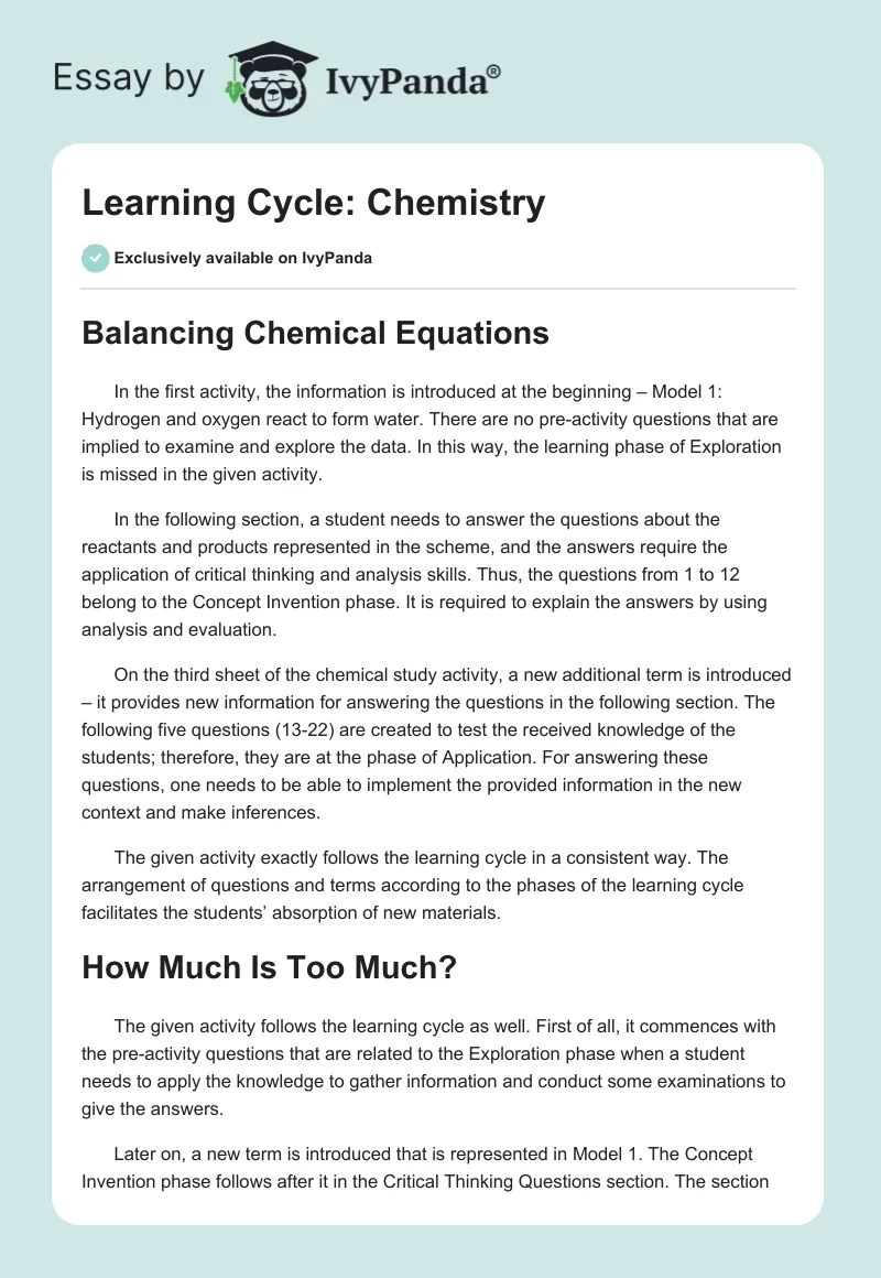 Learning Cycle: Chemistry. Page 1