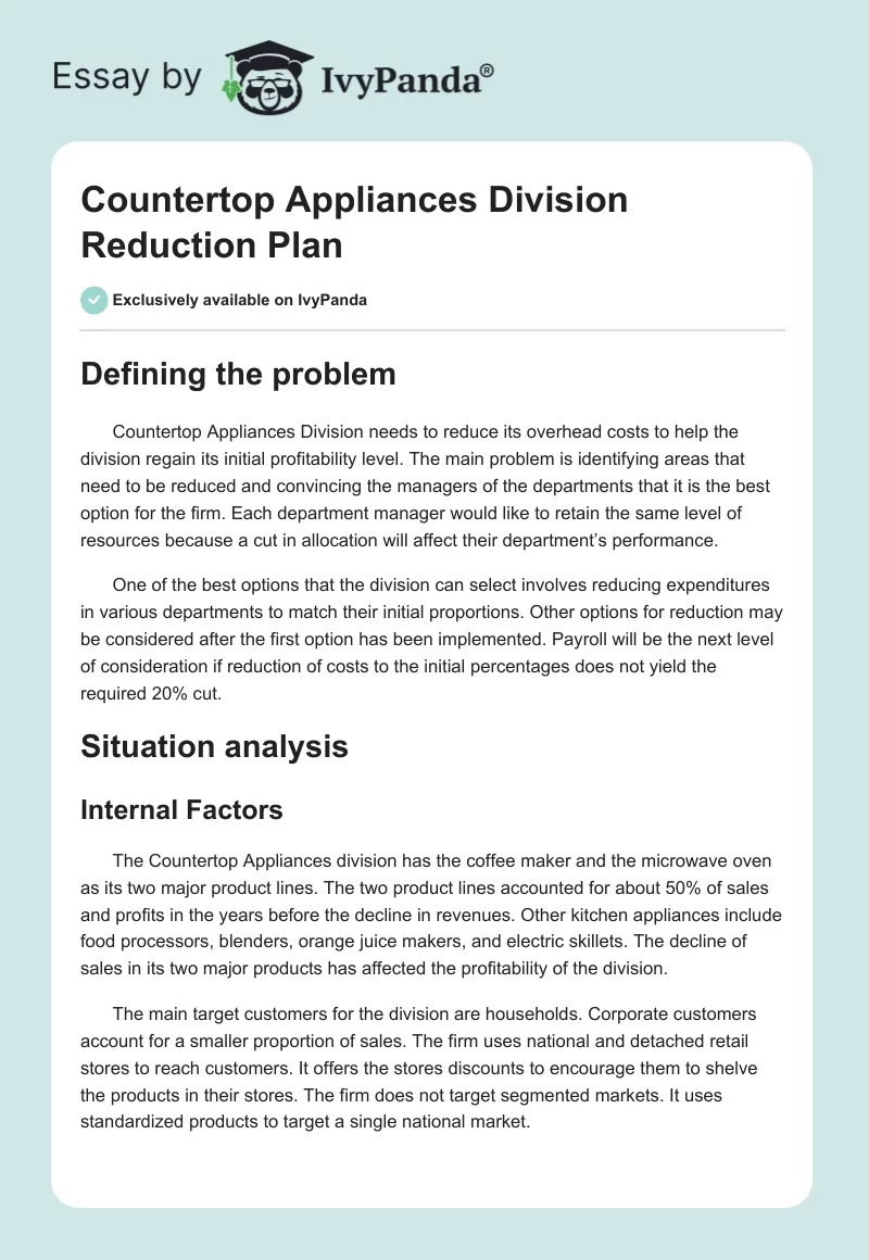 Countertop Appliances Division Reduction Plan. Page 1