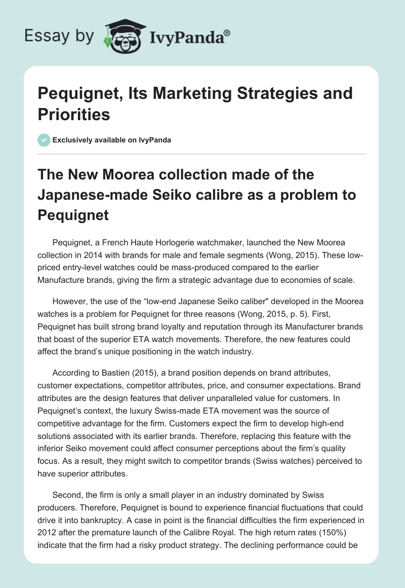 Pequignet, Its Marketing Strategies and Priorities. Page 1