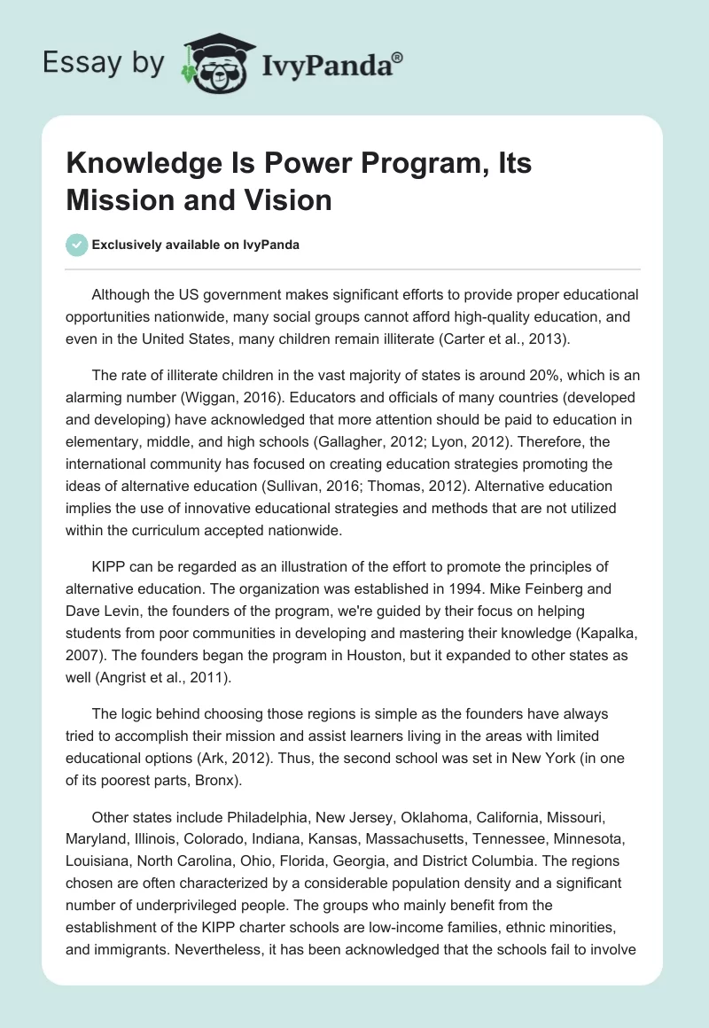 Knowledge Is Power Program, Its Mission and Vision. Page 1