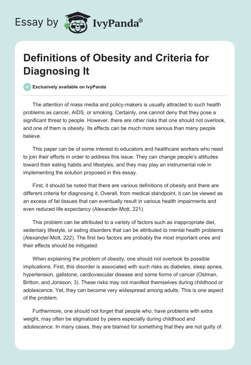 Definitions of Obesity and Criteria for Diagnosing It. Page 1