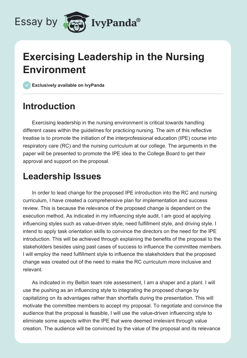 Exercising Leadership in the Nursing Environment. Page 1