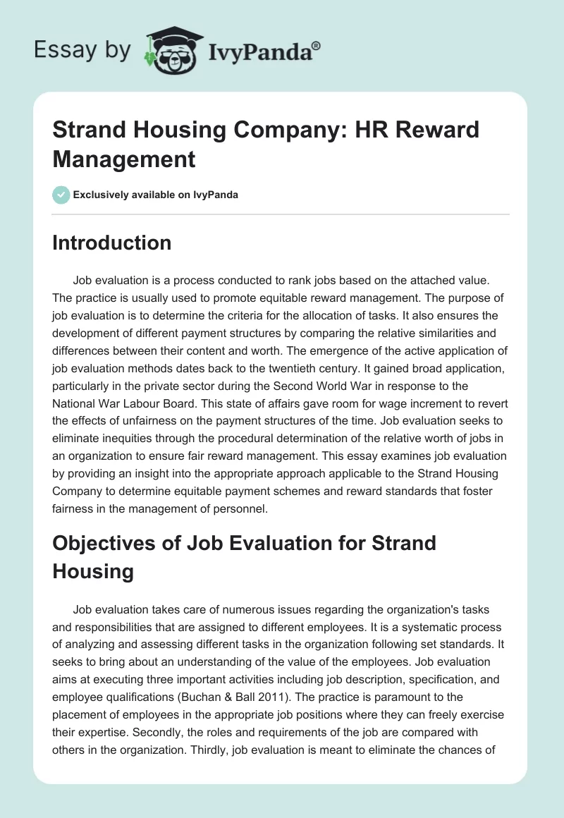 Strand Housing Company: HR Reward Management. Page 1