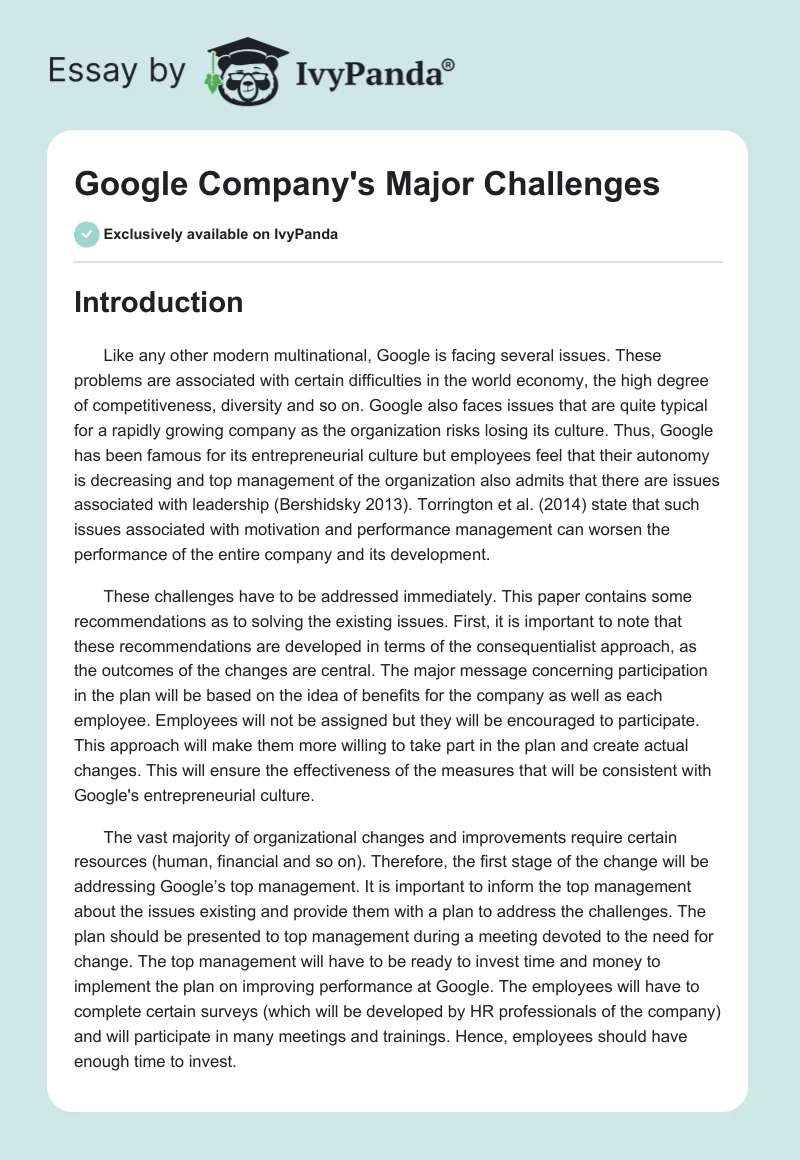 Google Company's Major Challenges. Page 1