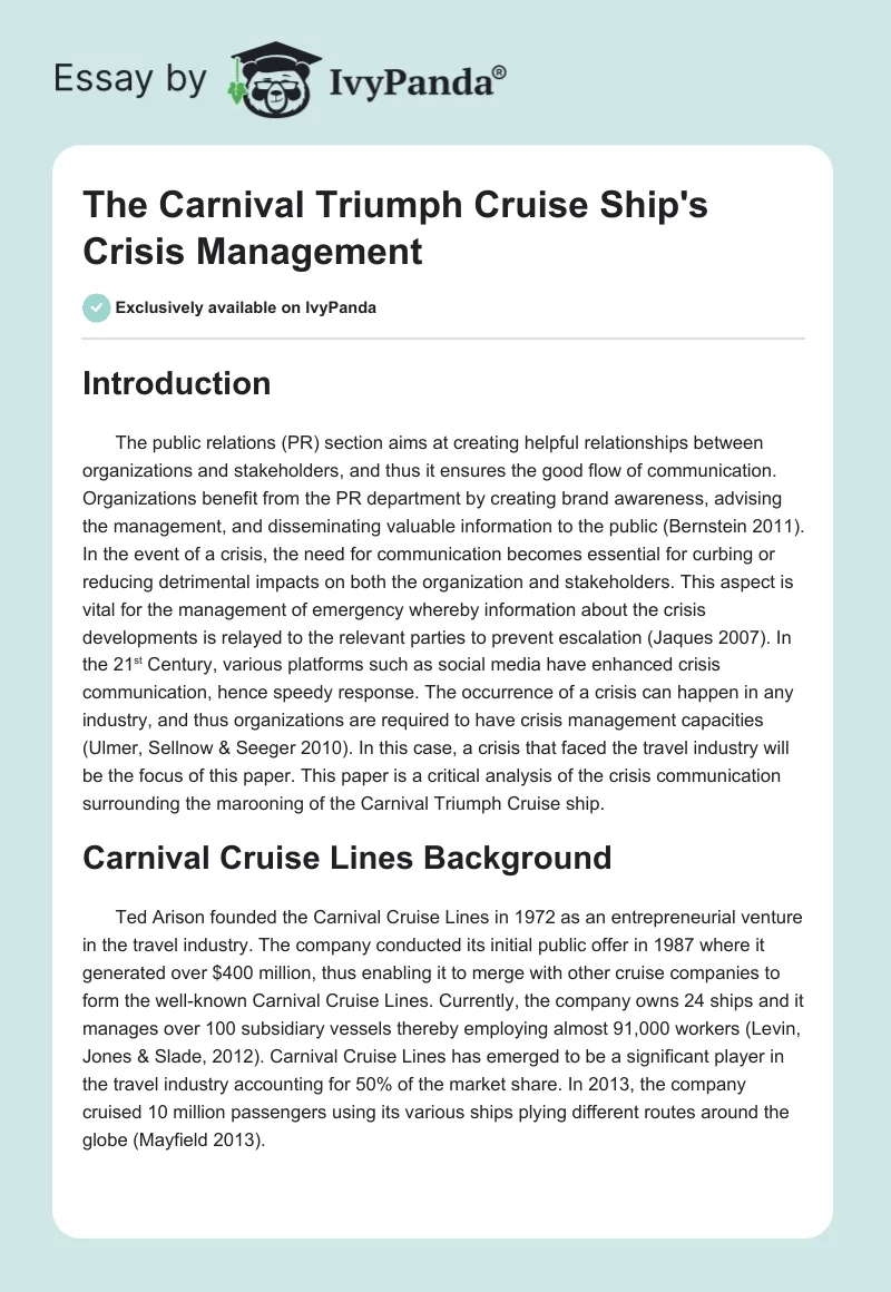 The Carnival Triumph Cruise Ship's Crisis Management. Page 1