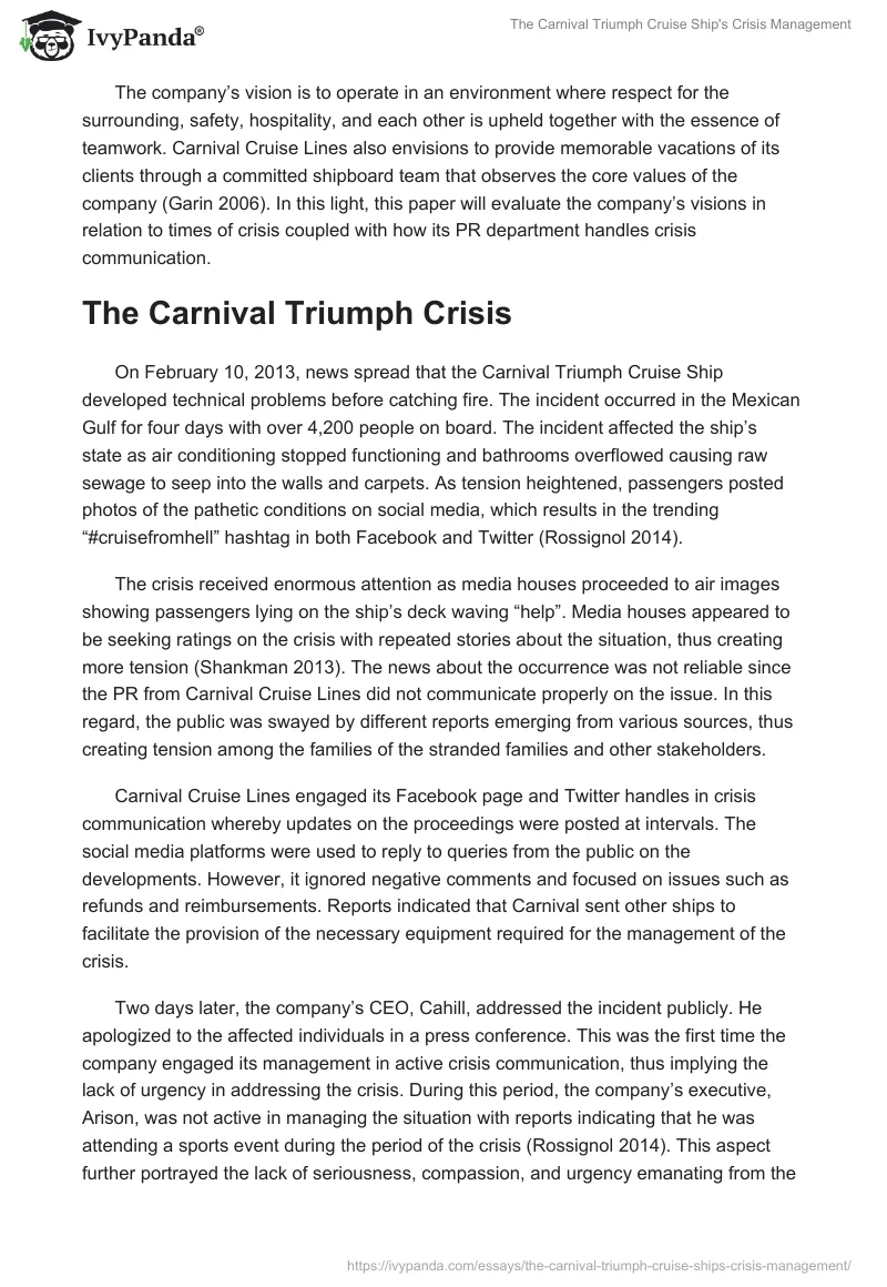 The Carnival Triumph Cruise Ship's Crisis Management. Page 2