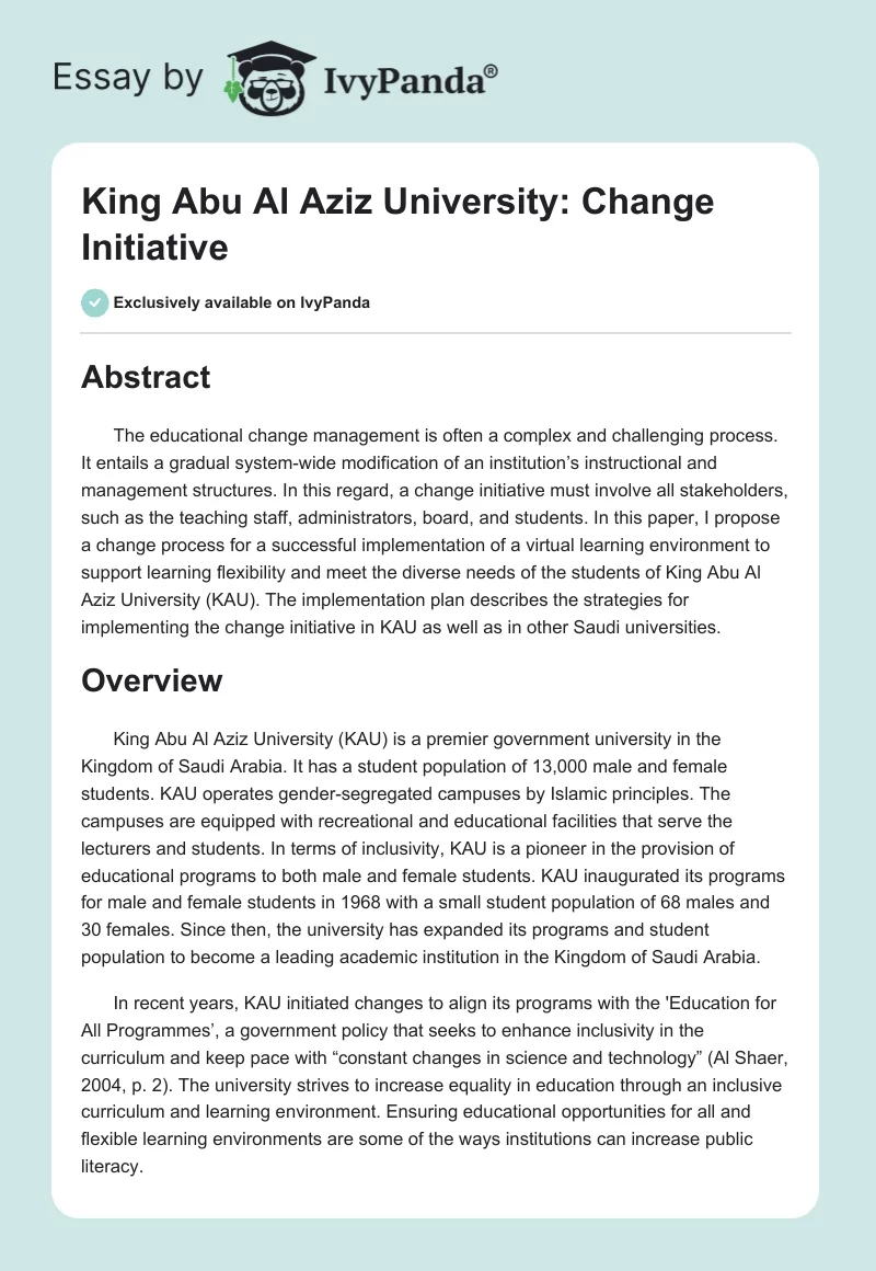 King Abu Al Aziz University: Change Initiative. Page 1