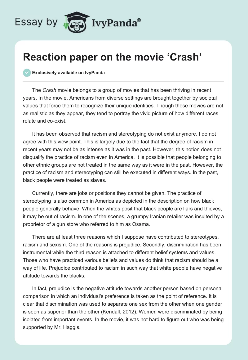 Reaction Paper on the Movie ‘Crash’. Page 1