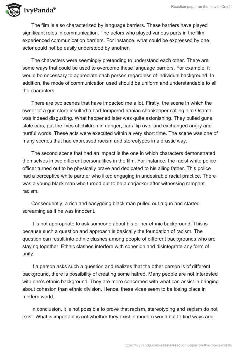 Reaction Paper on the Movie ‘Crash’. Page 2