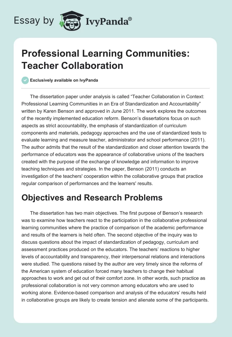 Professional Learning Communities: Teacher Collaboration. Page 1