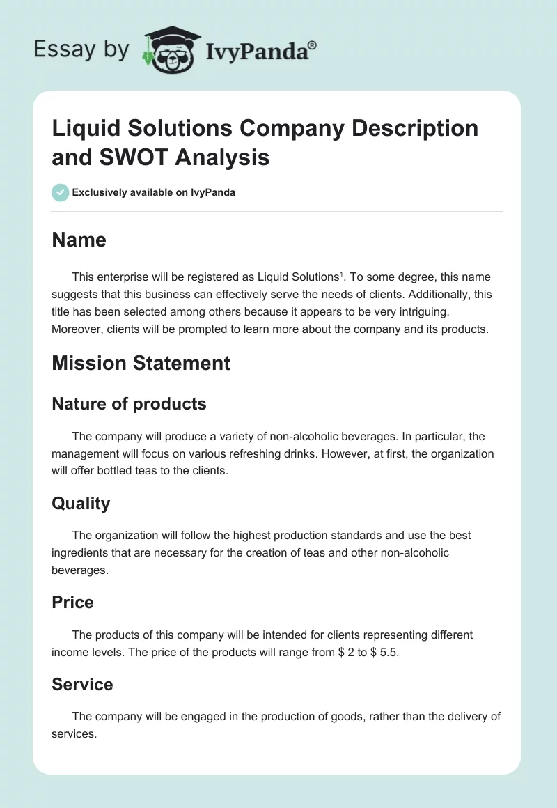 Liquid Solutions Company Description and SWOT Analysis. Page 1