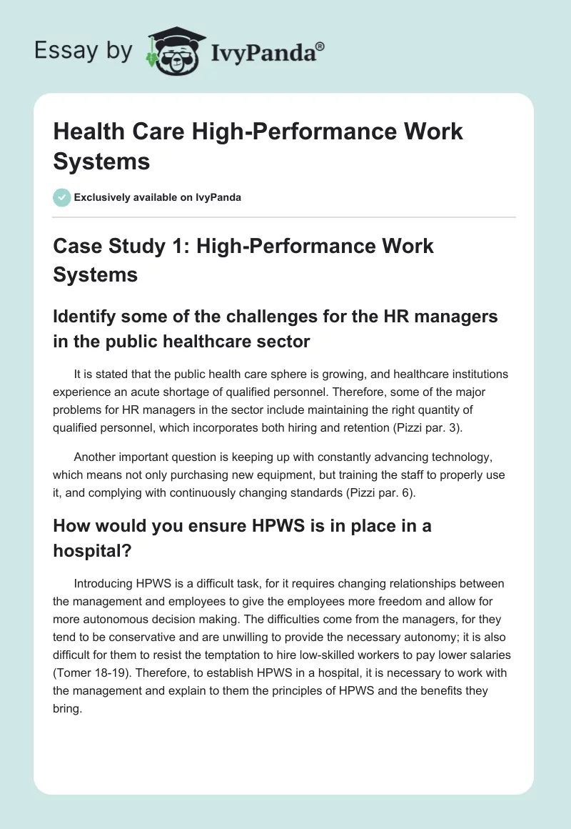 Health Care High-Performance Work Systems. Page 1